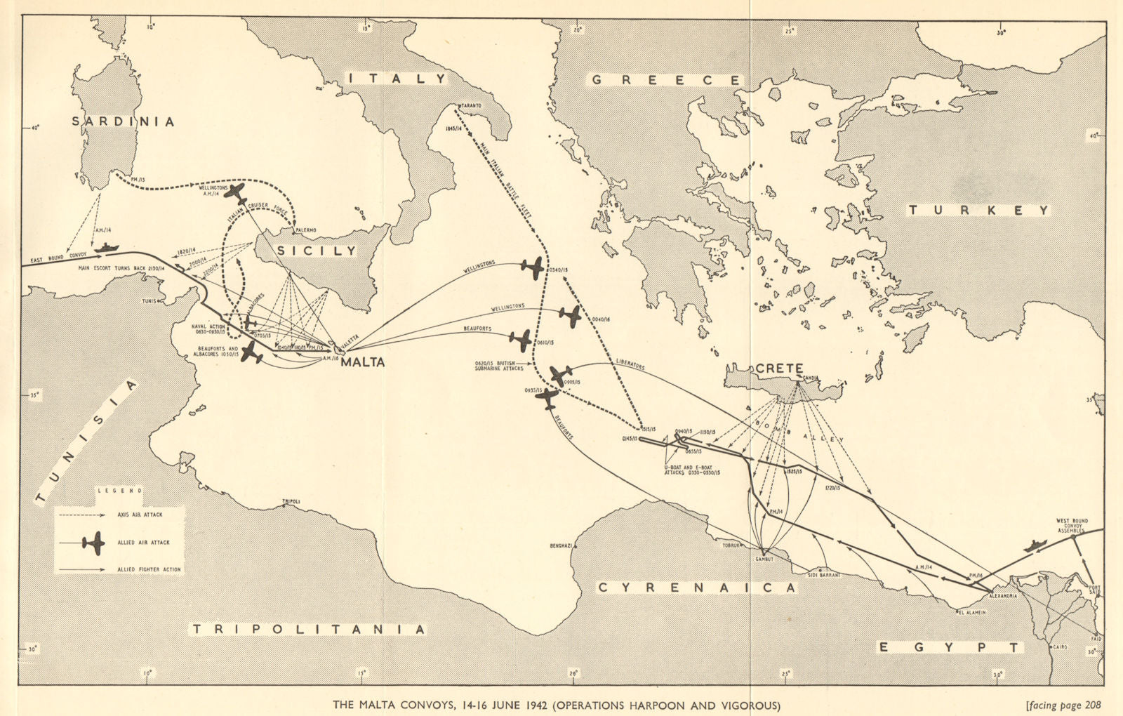 Malta convoys 14-16 June 1942. Operation Harpoon & Vigorous World War 2 1954 map